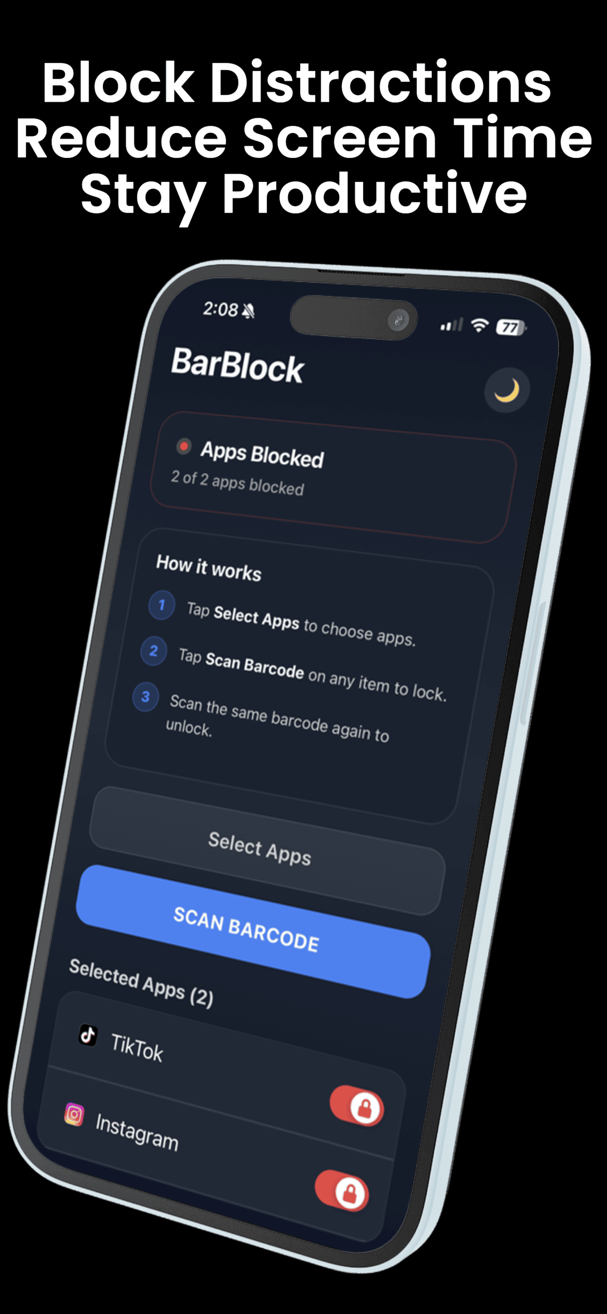 BarBlock app showing app selection screen